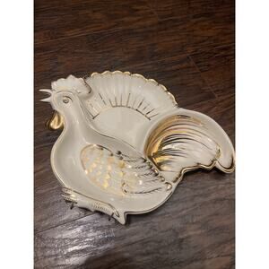 Vtg Ceramic Rooster Serving Dish Chicken White & Gold Hand Painted Italy Farm